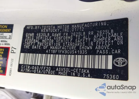 2012 Toyota Camry Se z USA, uszkodzony, nr VIN 4T1BF1FK9CU541935